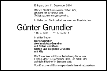 Anzeige von Günter Grundler von Reutlinger Generalanzeiger