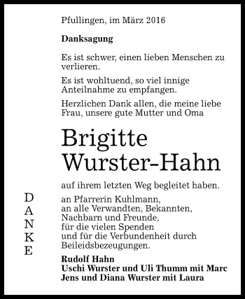 Anzeige von Brigitte Wurster-Hahn von Reutlinger Generalanzeiger