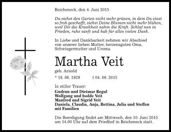 Anzeige von Martha Veit von Reutlinger Generalanzeiger