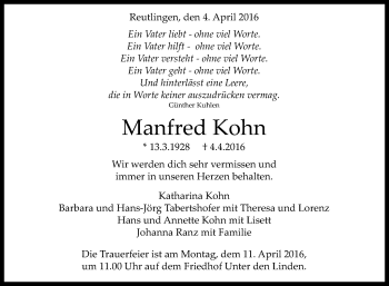 Anzeige von Manfred Kohn von Reutlinger Generalanzeiger