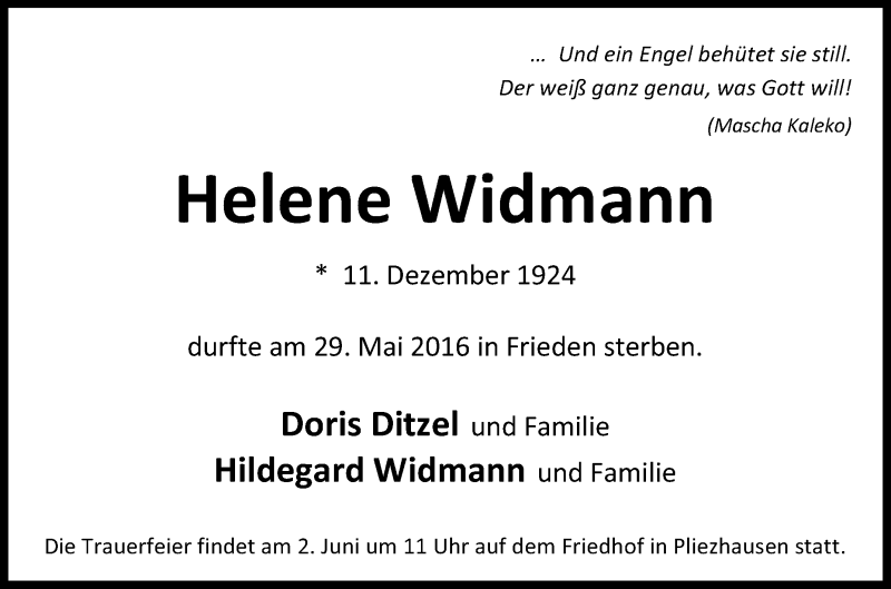  Traueranzeige für Helene Widmann vom 31.05.2016 aus Reutlinger Generalanzeiger