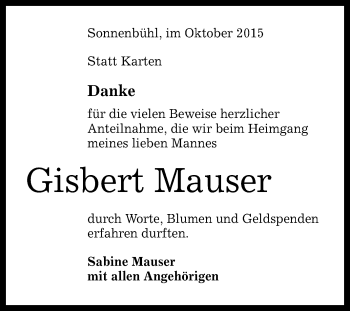 Anzeige von Gisbert Mauser von Reutlinger Generalanzeiger