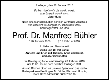 Anzeige von Manfred Bühler von Reutlinger Generalanzeiger