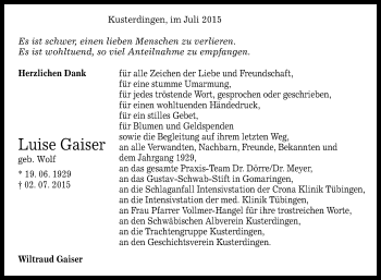 Anzeige von Luise Gaiser von Reutlinger Generalanzeiger