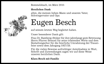 Anzeige von Eugen Besch von Reutlinger Generalanzeiger