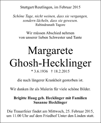 Anzeige von Margarete Ghosh-Hecklinger von Reutlinger Generalanzeiger