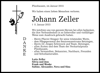 Anzeige von Johann Zeller von Reutlinger Generalanzeiger