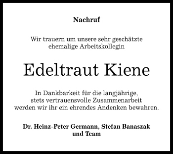 Anzeige von Edeltraut Kiene von Reutlinger Generalanzeiger