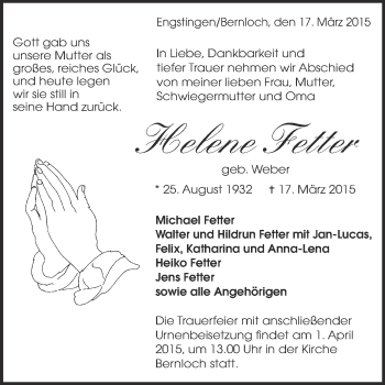 Anzeige von Helene Fetter von Reutlinger Generalanzeiger