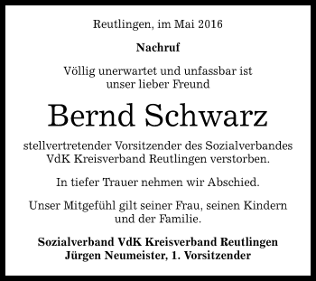 Anzeige von Bernd Schwarz von Reutlinger Generalanzeiger