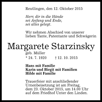 Anzeige von Margarete Starzinsky von Reutlinger Generalanzeiger