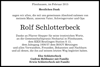 Anzeige von Rolf Schlotterbeck von Reutlinger Generalanzeiger