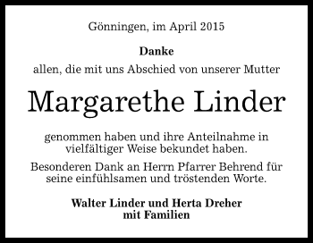 Anzeige von Margarethe Linder von Reutlinger Generalanzeiger