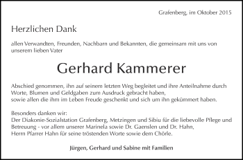 Anzeige von Gerhard Kammerer von Reutlinger Generalanzeiger