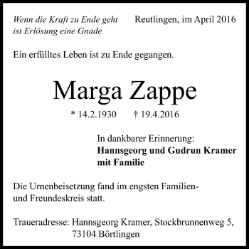 Anzeige von Marga Zappe von Reutlinger Generalanzeiger