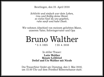 Anzeige von Bruno Walther von Reutlinger Generalanzeiger