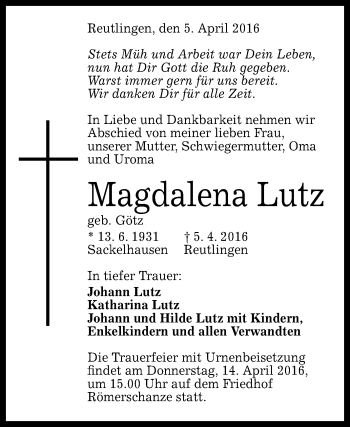 Anzeige von Magdalena Lutz von Reutlinger Generalanzeiger