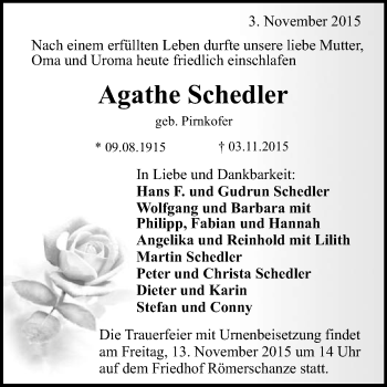 Anzeige von Agathe Schedler von Reutlinger Generalanzeiger