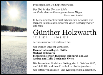 Anzeige von Günther Holzwarth von Reutlinger Generalanzeiger