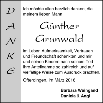 Anzeige von Günther Grunwald von Reutlinger Generalanzeiger