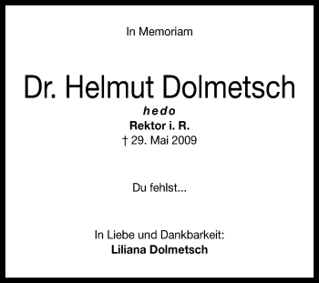 Anzeige von Helmut Dolmetsch von Reutlinger Generalanzeiger