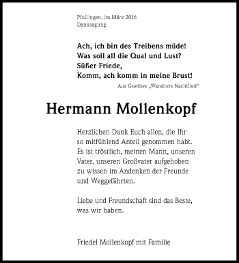 Anzeige von Hermann Mollenkopf von Reutlinger Generalanzeiger