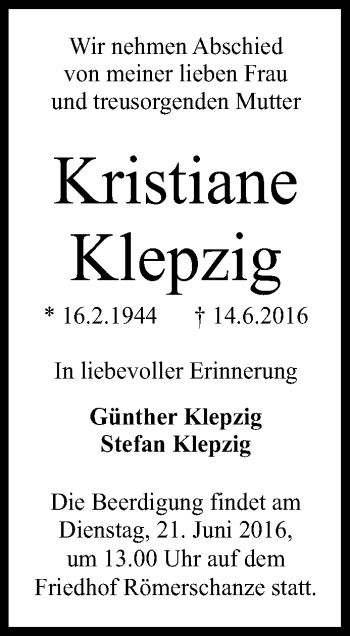 Anzeige von Kristiane Klepzig von Reutlinger Generalanzeiger