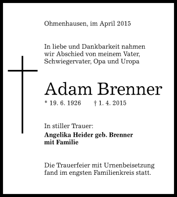 Anzeige von Adam Brenner von Reutlinger Generalanzeiger