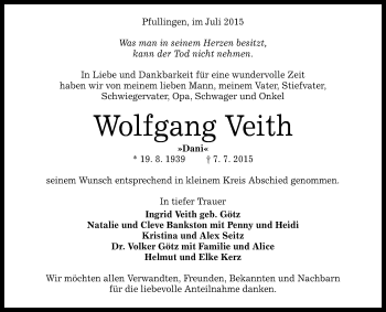 Anzeige von Wolfgang Veith von Reutlinger Generalanzeiger