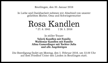 Anzeige von Rosa Kandlen von Reutlinger Generalanzeiger