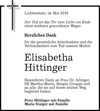 Anzeige von Elisabetha Hittinger von Reutlinger Generalanzeiger