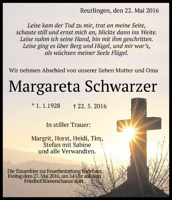 Anzeige von Margareta Schwarzer von Reutlinger Generalanzeiger
