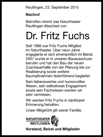 Anzeige von Fritz Fuchs von Reutlinger Generalanzeiger