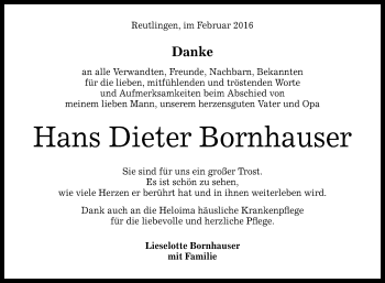 Anzeige von Hans Dieter Bornhauser von Reutlinger Generalanzeiger