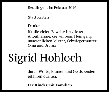 Anzeige von Sigrid Hohloch von Reutlinger Generalanzeiger