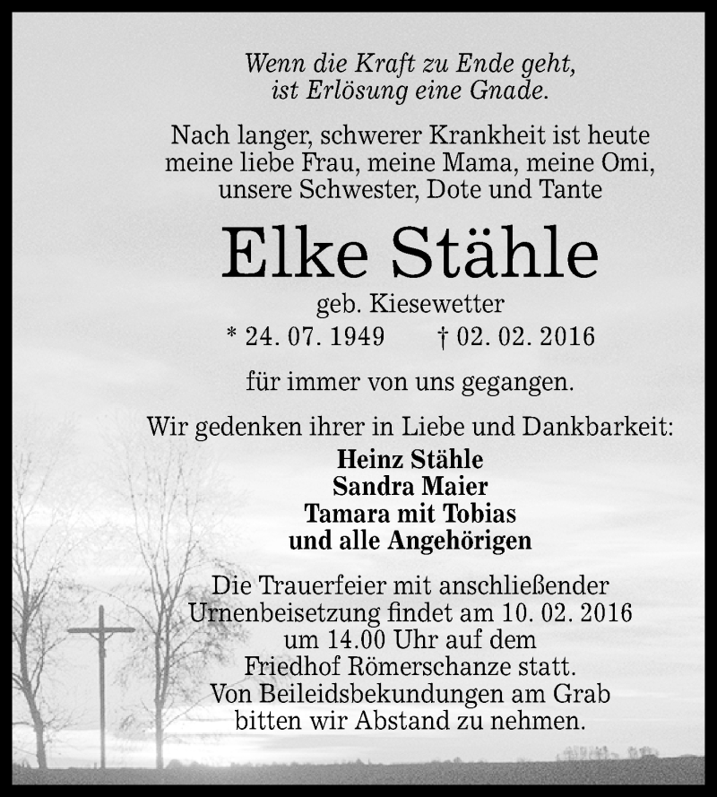  Traueranzeige für Elke Stähle vom 06.02.2016 aus Reutlinger Generalanzeiger