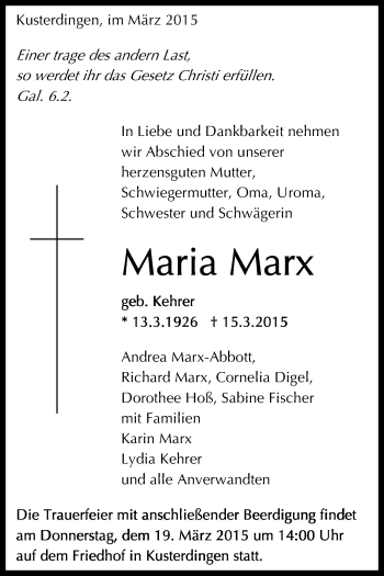 Anzeige von Maria Marx von Reutlinger Generalanzeiger