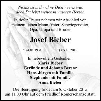 Anzeige von Josef Bieber von Reutlinger Generalanzeiger