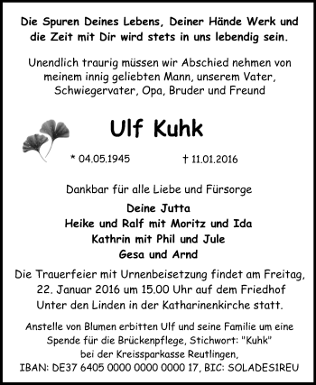 Anzeige von Ulf Kuhk von Reutlinger Generalanzeiger