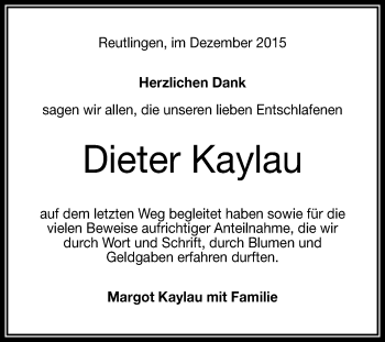 Anzeige von Dieter Kaylau von Reutlinger Generalanzeiger