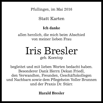 Anzeige von Iris Bresler von Reutlinger Generalanzeiger