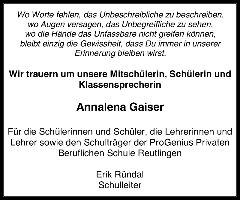  Traueranzeige für Annalena Gaiser vom 29.07.2015 aus Reutlinger Generalanzeiger