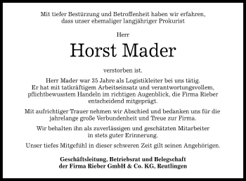 Anzeige von Horst Mader von Reutlinger Generalanzeiger