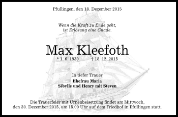 Anzeige von Max Kleefoth von Reutlinger Generalanzeiger