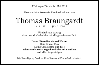 Anzeige von Thomas Braungardt von Reutlinger Generalanzeiger