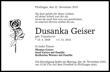 Anzeige von Dusanka Geiser von Reutlinger Generalanzeiger