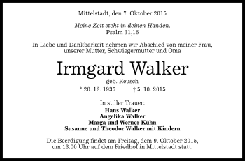 Anzeige von Irmgard Walker von Reutlinger Generalanzeiger