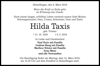 Anzeige von Hilda Taxis von Reutlinger Generalanzeiger
