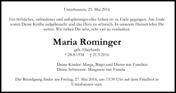 Anzeige von Maria Rominger von Reutlinger Generalanzeiger