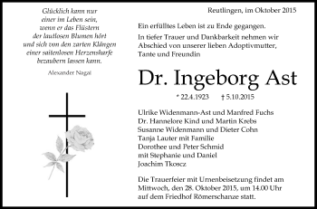 Anzeige von Ingeborg Ast von Reutlinger Generalanzeiger